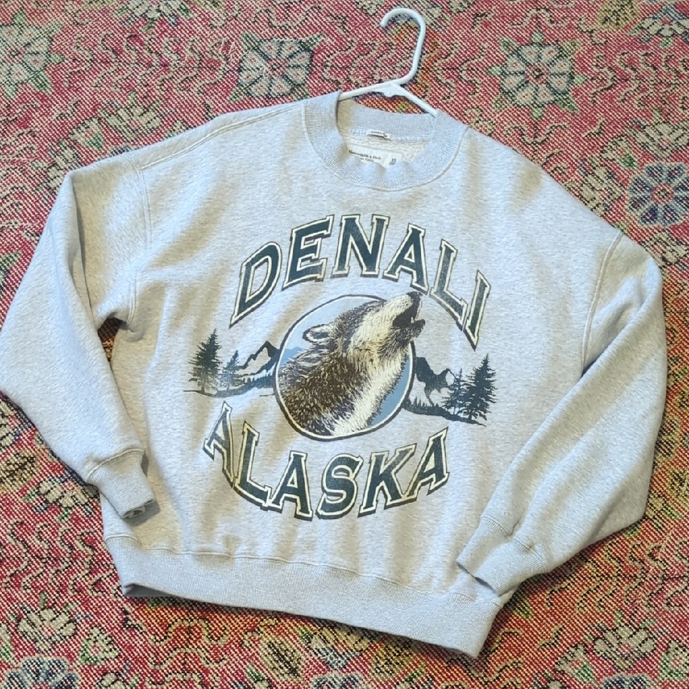 Abercrombie & Fitch Gray Denali Alaska Wolf Graphic Sweatshirt